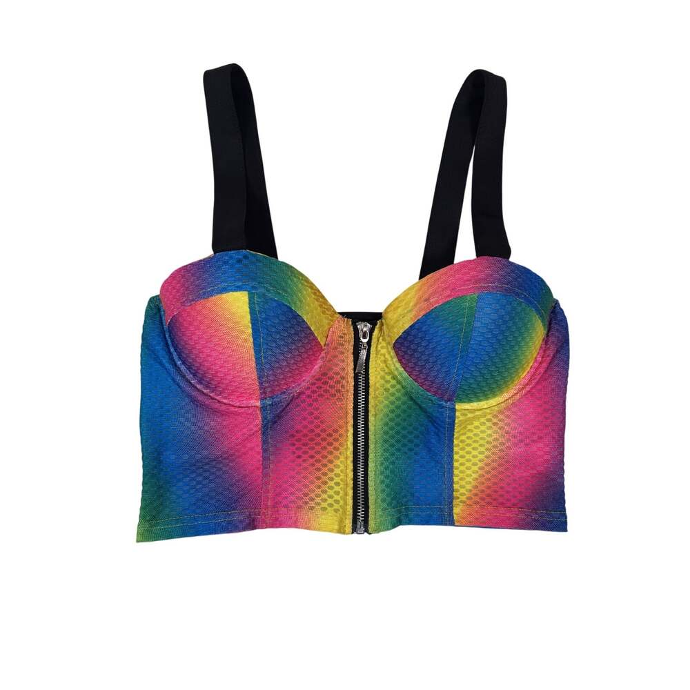 iHeartRaves Bustier Top Womens Large Rainbow Padded Underwire Honeycomb Mesh